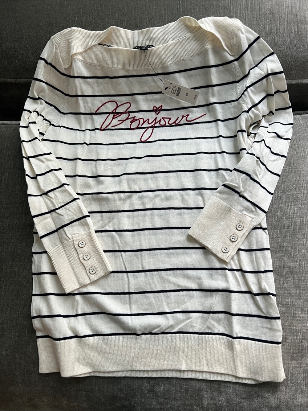 NWT Talbots Ivory Black Striped "Bonjour" Boatneck Sweater - Size XS